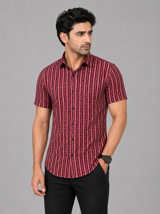 KURAJ Men's Maroon Geometric Striped Regular Fit Half Sleeve Casual Shirt