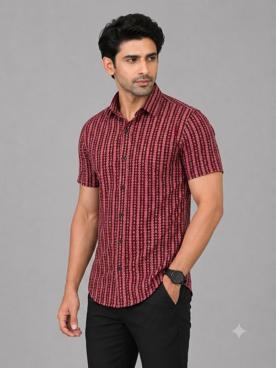 KURAJ Men's Maroon Geometric Striped Regular Fit Half Sleeve Casual Shirt