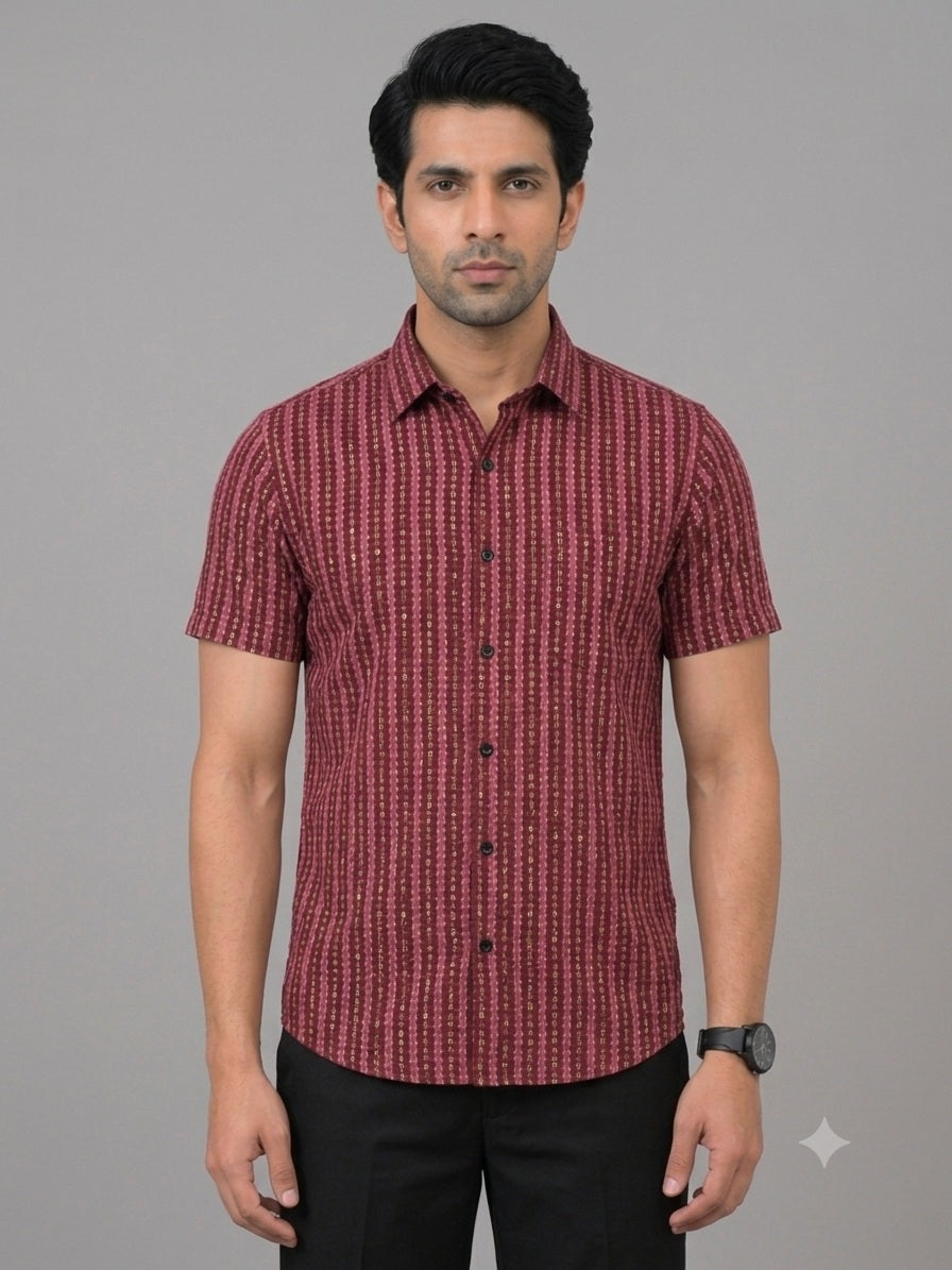 KURAJ Men's Maroon Geometric Striped Regular Fit Half Sleeve Casual Shirt