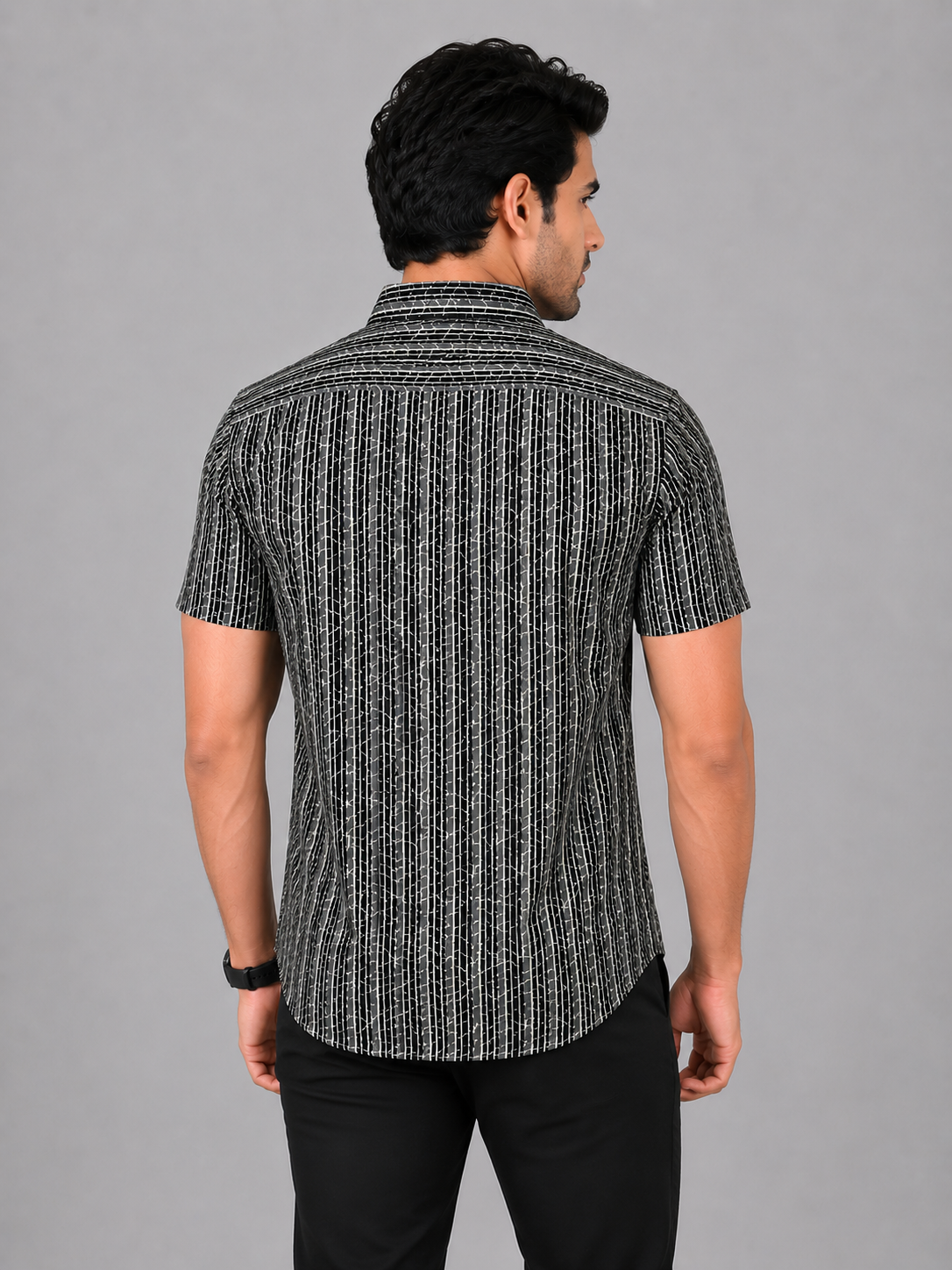 KURAJ Men's Black Abstract Striped Printed Regular Fit Half Sleeve Casual Shirt