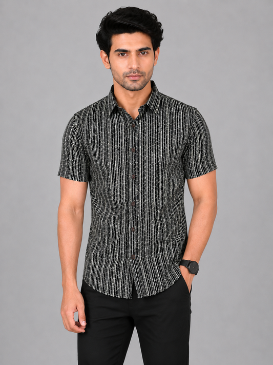 KURAJ Men's Black Abstract Striped Printed Regular Fit Half Sleeve Casual Shirt