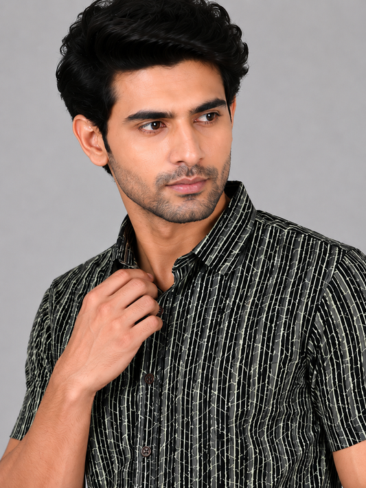KURAJ Men's Black Abstract Striped Printed Regular Fit Half Sleeve Casual Shirt