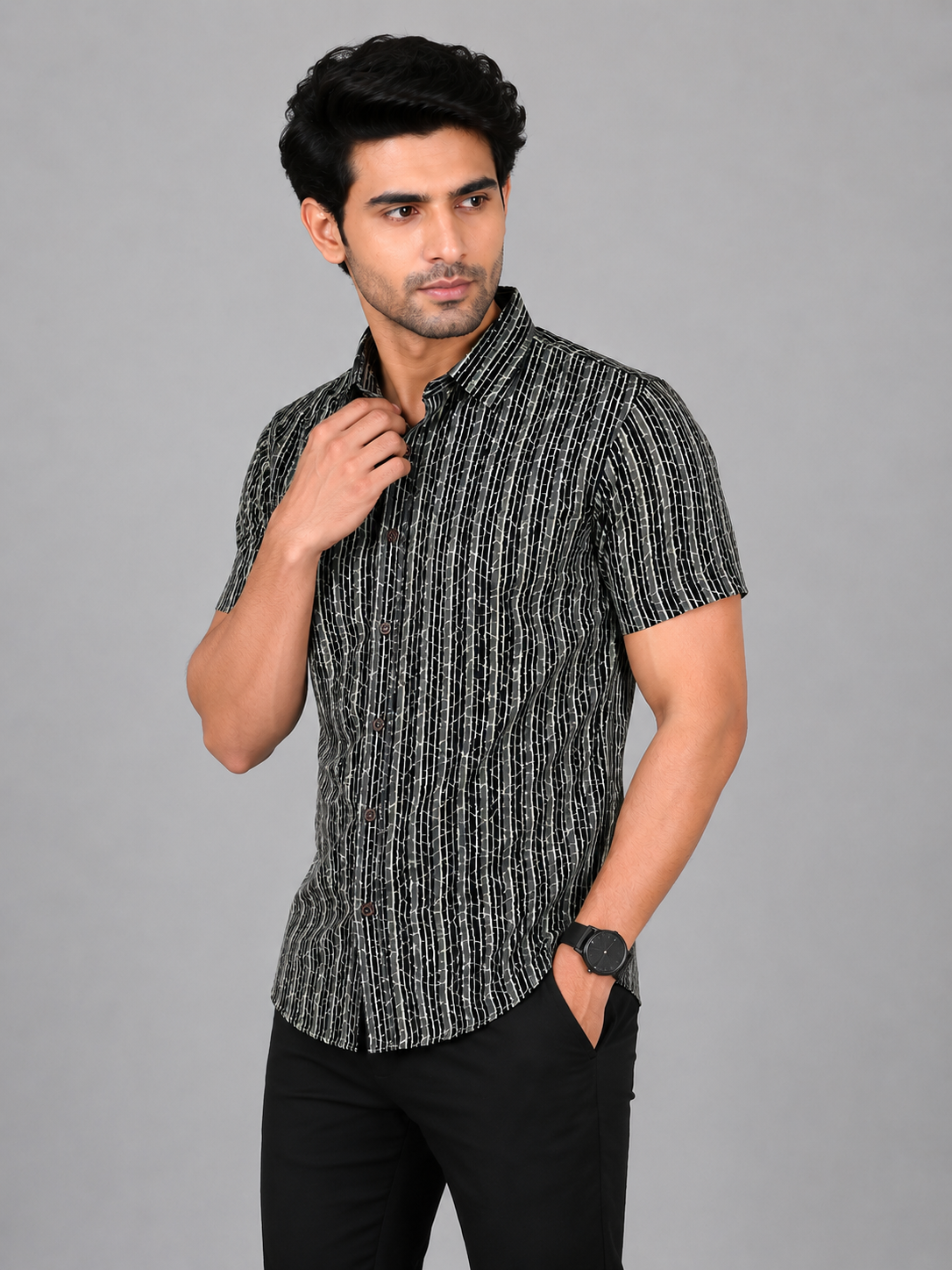 KURAJ Men's Black Abstract Striped Printed Regular Fit Half Sleeve Casual Shirt