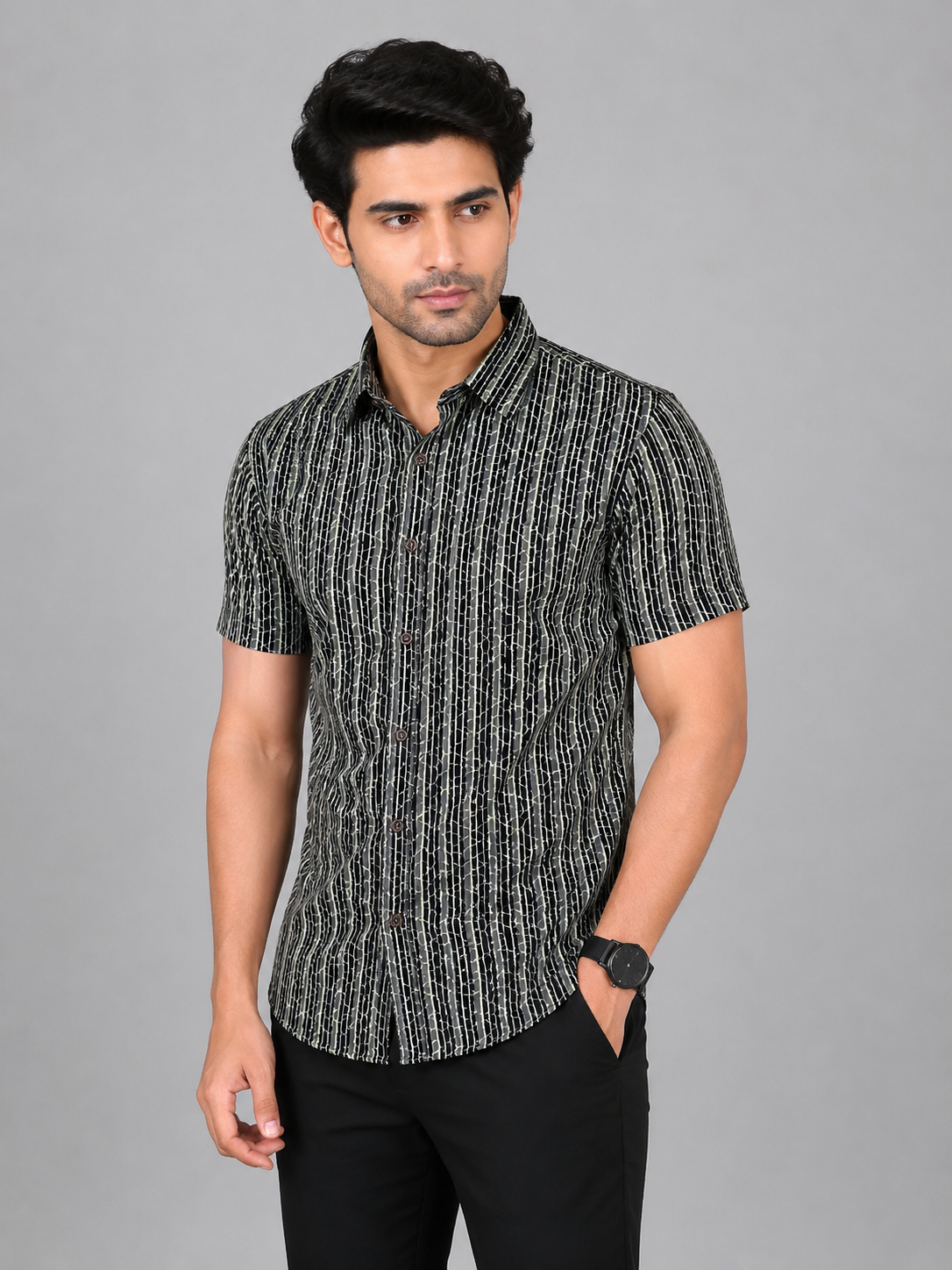 KURAJ Men's Black Abstract Striped Printed Regular Fit Half Sleeve Casual Shirt