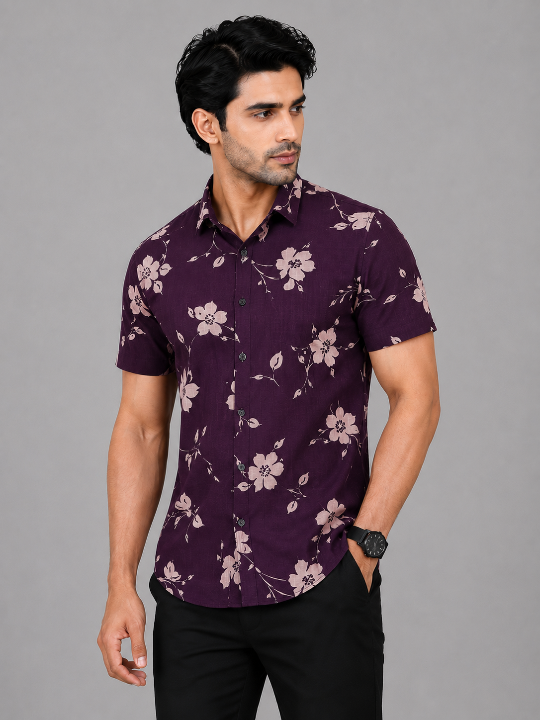 KURAJ Men's Wine Floral Printed Regular Fit Half Sleeve Casual Shirt