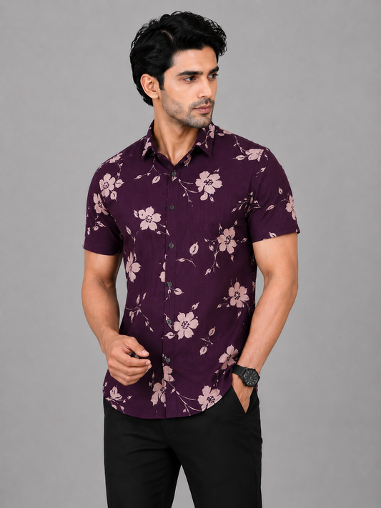 KURAJ Men's Wine Floral Printed Regular Fit Half Sleeve Casual Shirt