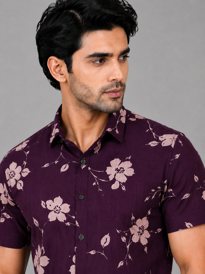 KURAJ Men's Wine Floral Printed Regular Fit Half Sleeve Casual Shirt