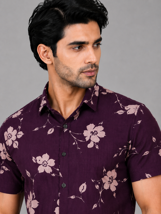 KURAJ Men's Wine Floral Printed Regular Fit Half Sleeve Casual Shirt