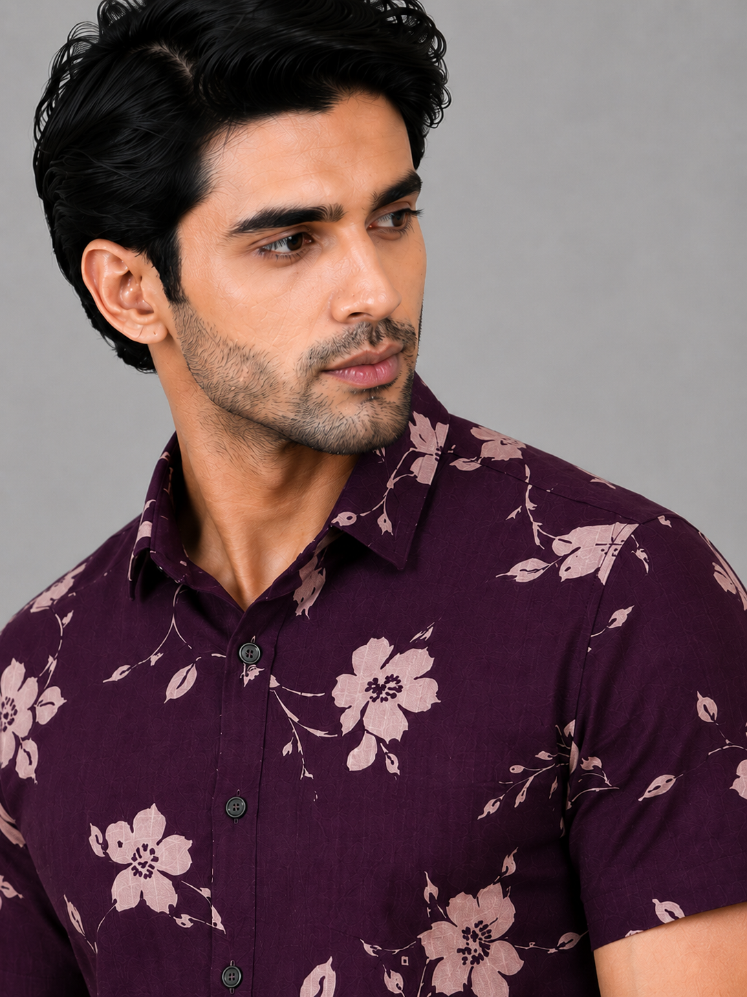 KURAJ Men's Wine Floral Printed Regular Fit Half Sleeve Casual Shirt
