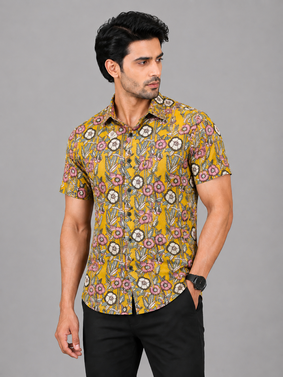 KURAJ Men's Mustard Yellow Floral Printed Regular Fit Half Sleeve Casual Shirt