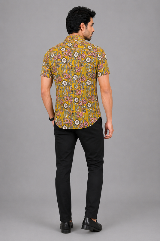 KURAJ Men's Mustard Yellow Floral Printed Regular Fit Half Sleeve Casual Shirt