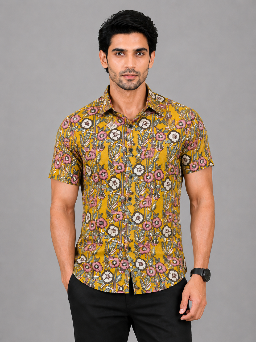 KURAJ Men's Mustard Yellow Floral Printed Regular Fit Half Sleeve Casual Shirt