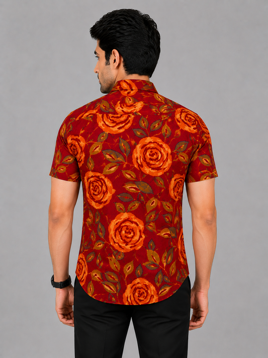 KURAJ Men's Maroon Rose Floral Printed Regular Fit Half Sleeve Casual Shirt