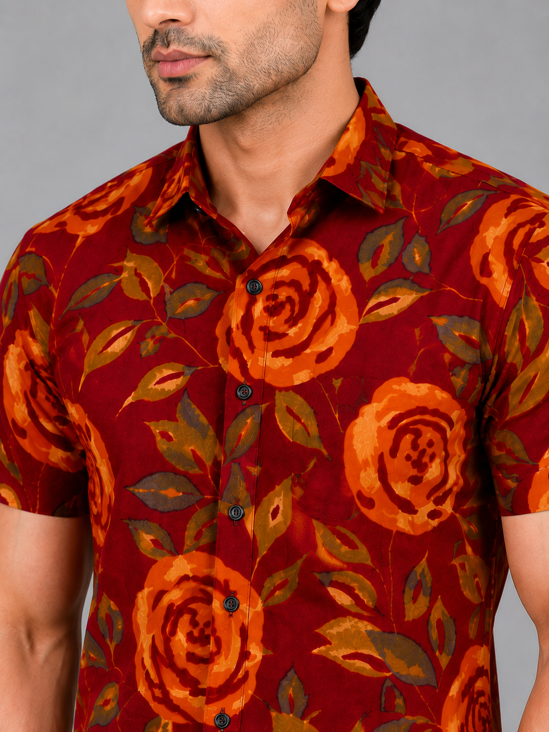 KURAJ Men's Maroon Rose Floral Printed Regular Fit Half Sleeve Casual Shirt