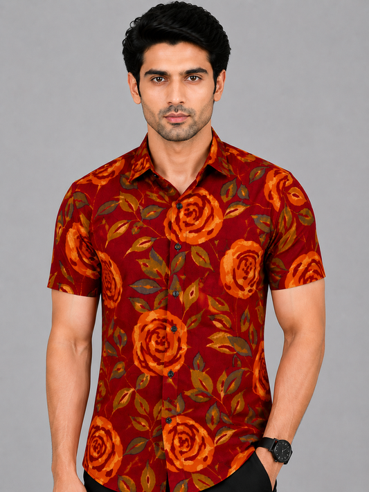 KURAJ Men's Maroon Rose Floral Printed Regular Fit Half Sleeve Casual Shirt