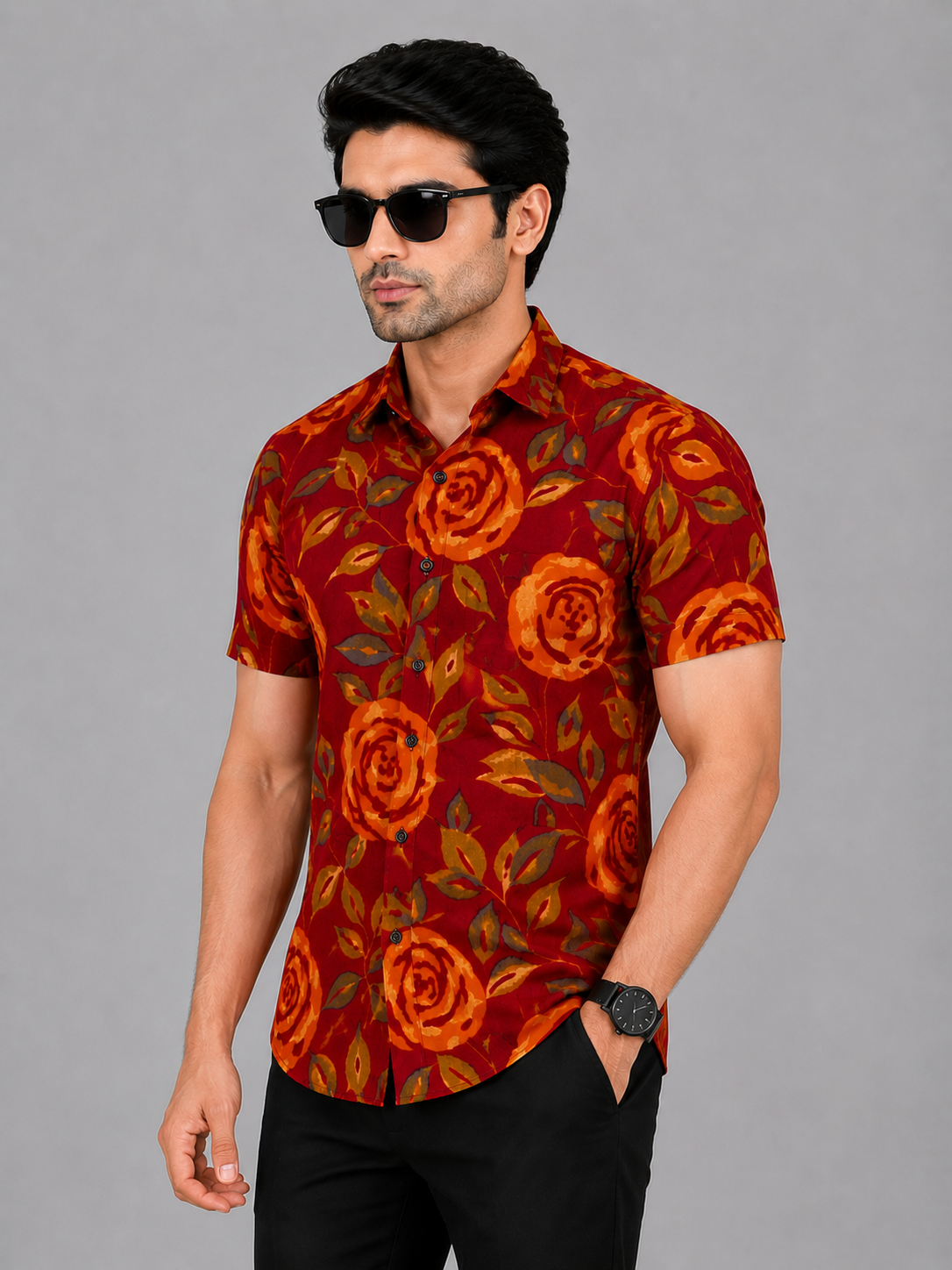 KURAJ Men's Maroon Rose Floral Printed Regular Fit Half Sleeve Casual Shirt