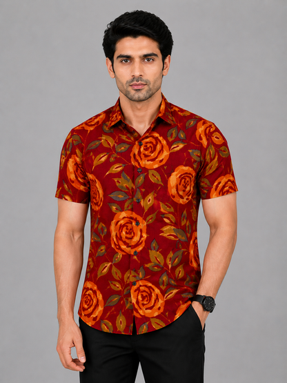 KURAJ Men's Maroon Rose Floral Printed Regular Fit Half Sleeve Casual Shirt