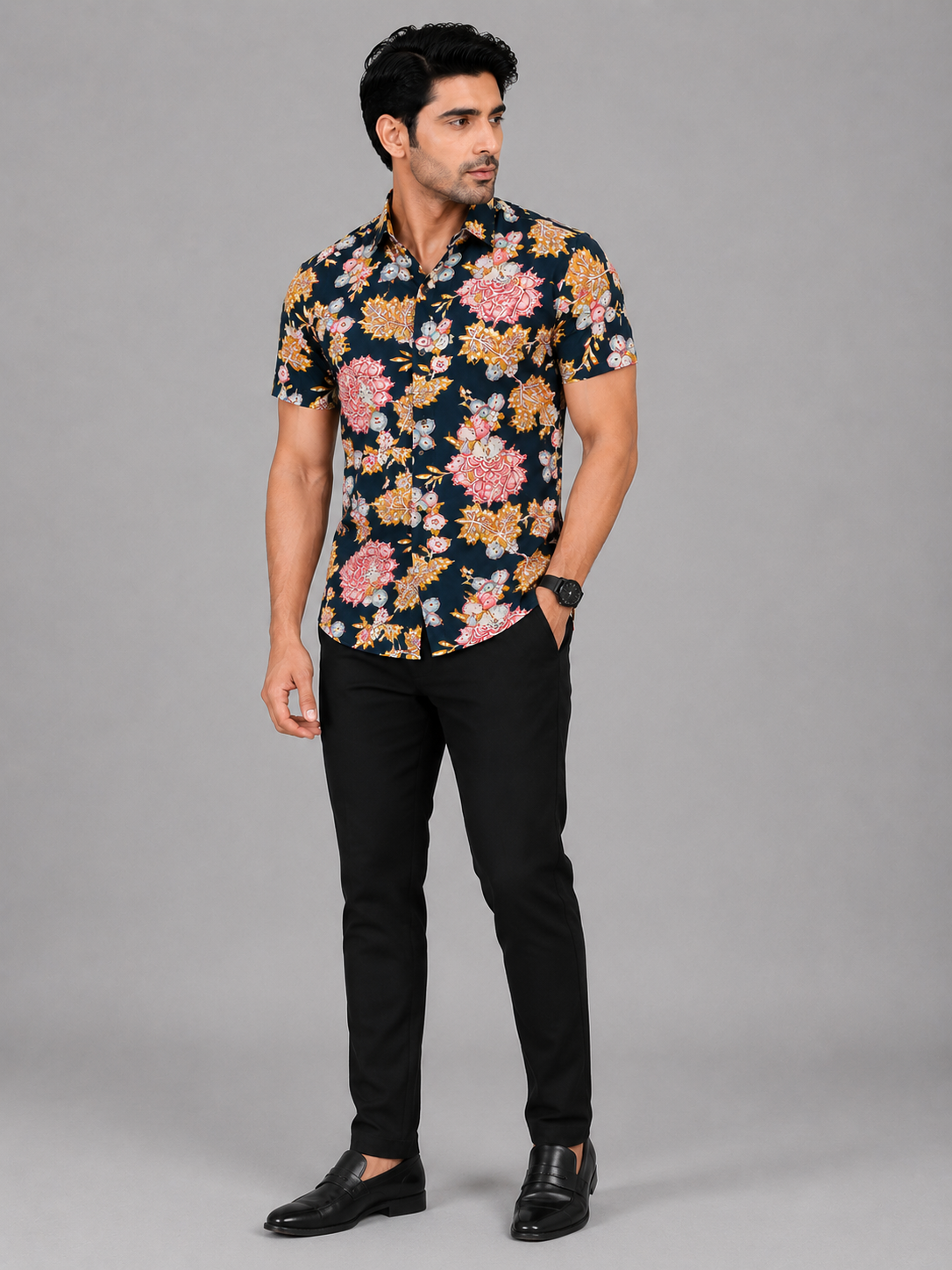 KURAJ Men's Navy Blue Floral Printed Regular Fit Half Sleeve Casual Shirt