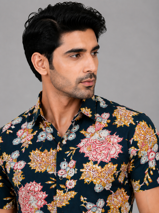 KURAJ Men's Navy Blue Floral Printed Regular Fit Half Sleeve Casual Shirt