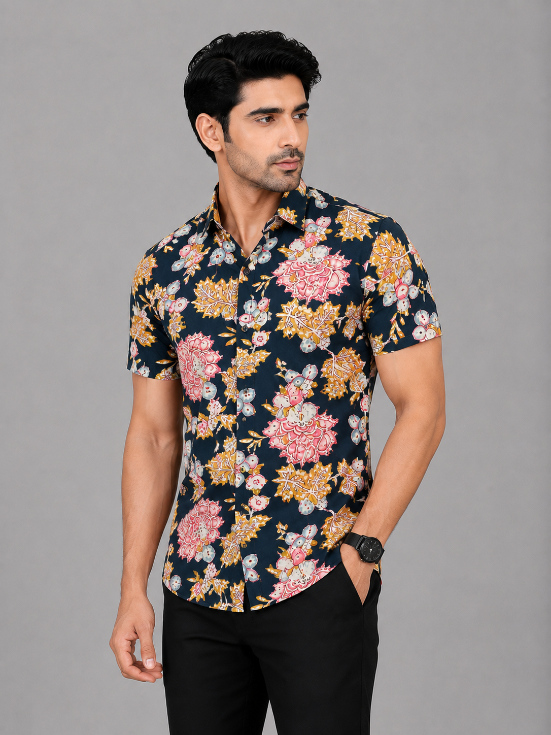 KURAJ Men's Navy Blue Floral Printed Regular Fit Half Sleeve Casual Shirt
