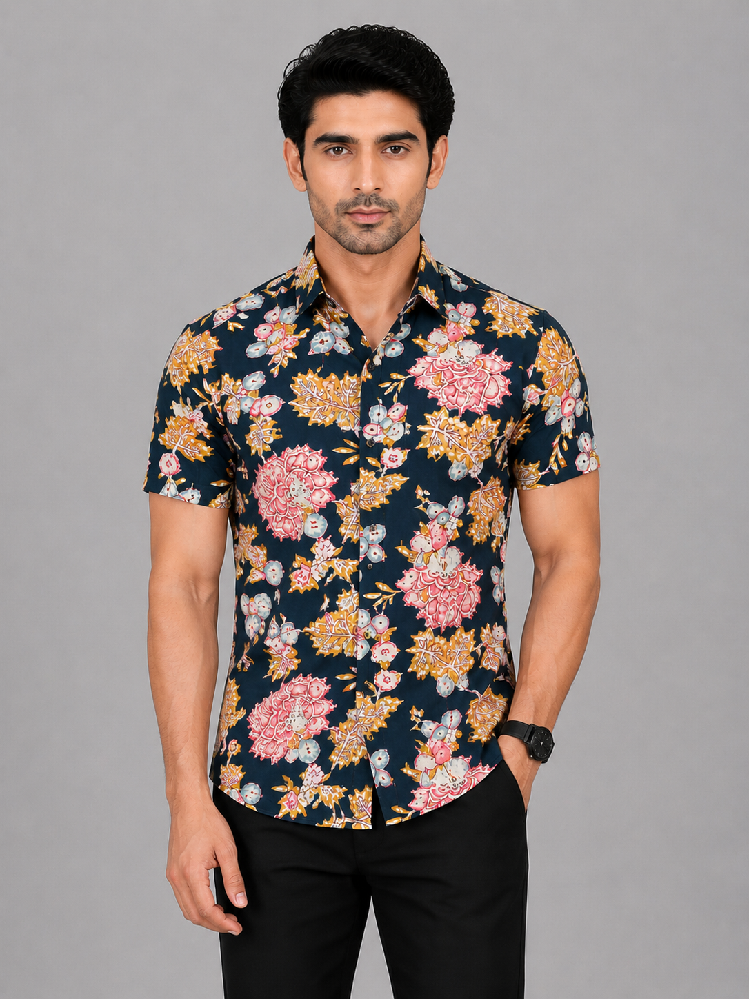 KURAJ Men's Navy Blue Floral Printed Regular Fit Half Sleeve Casual Shirt