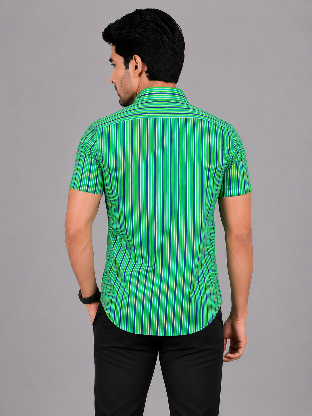 KURAJ Men's Green Vertical Striped Regular Fit Half Sleeve Casual Shirt