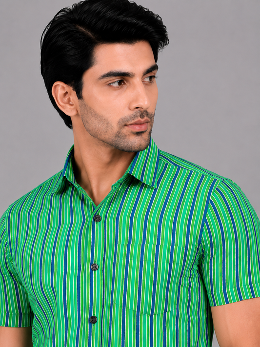 KURAJ Men's Green Vertical Striped Regular Fit Half Sleeve Casual Shirt