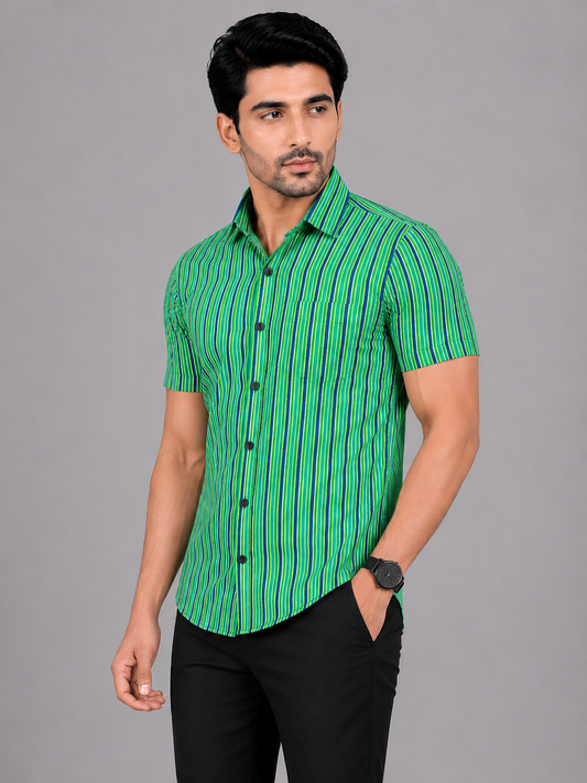 KURAJ Men's Green Vertical Striped Regular Fit Half Sleeve Casual Shirt