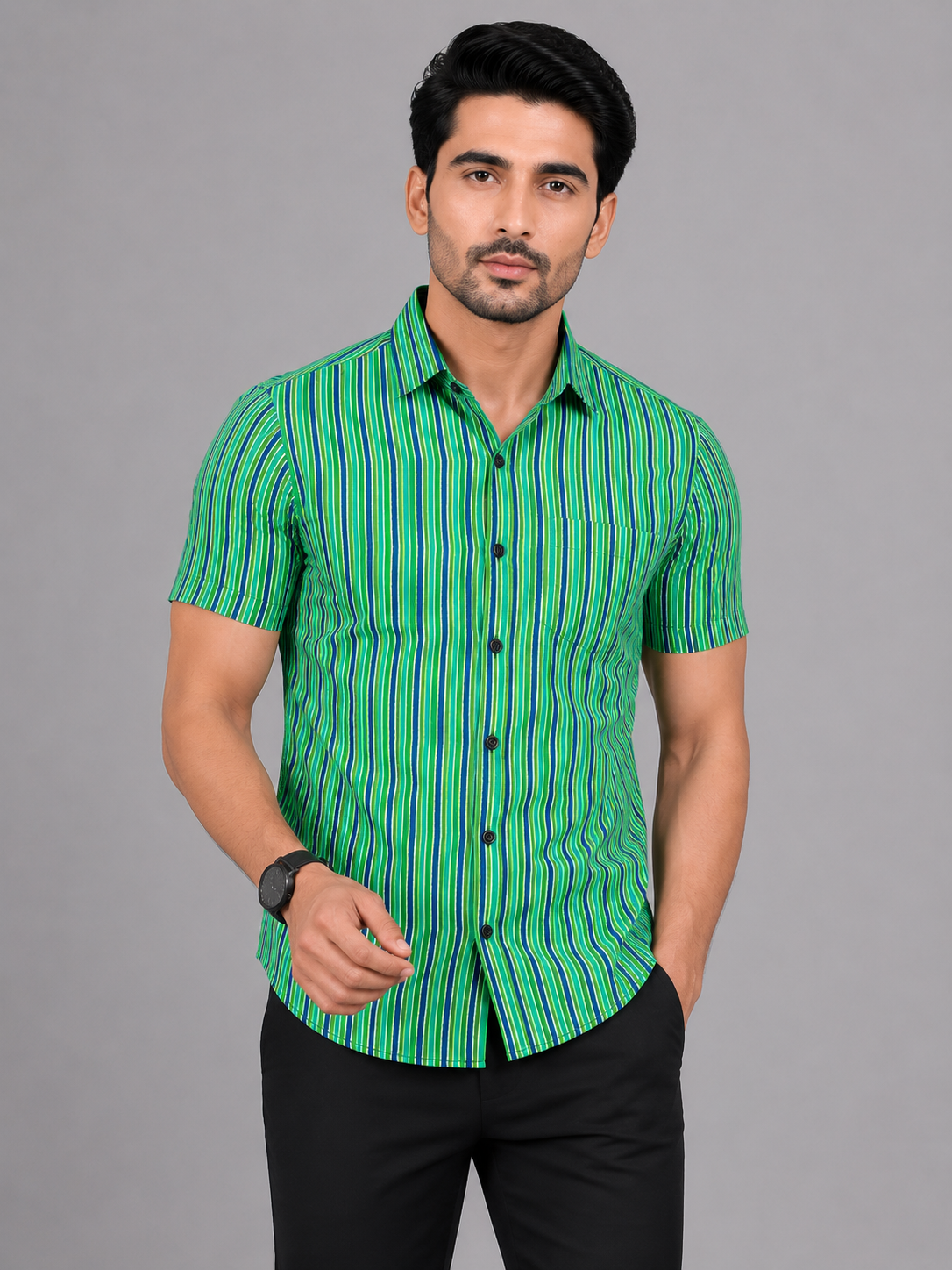 KURAJ Men's Green Vertical Striped Regular Fit Half Sleeve Casual Shirt