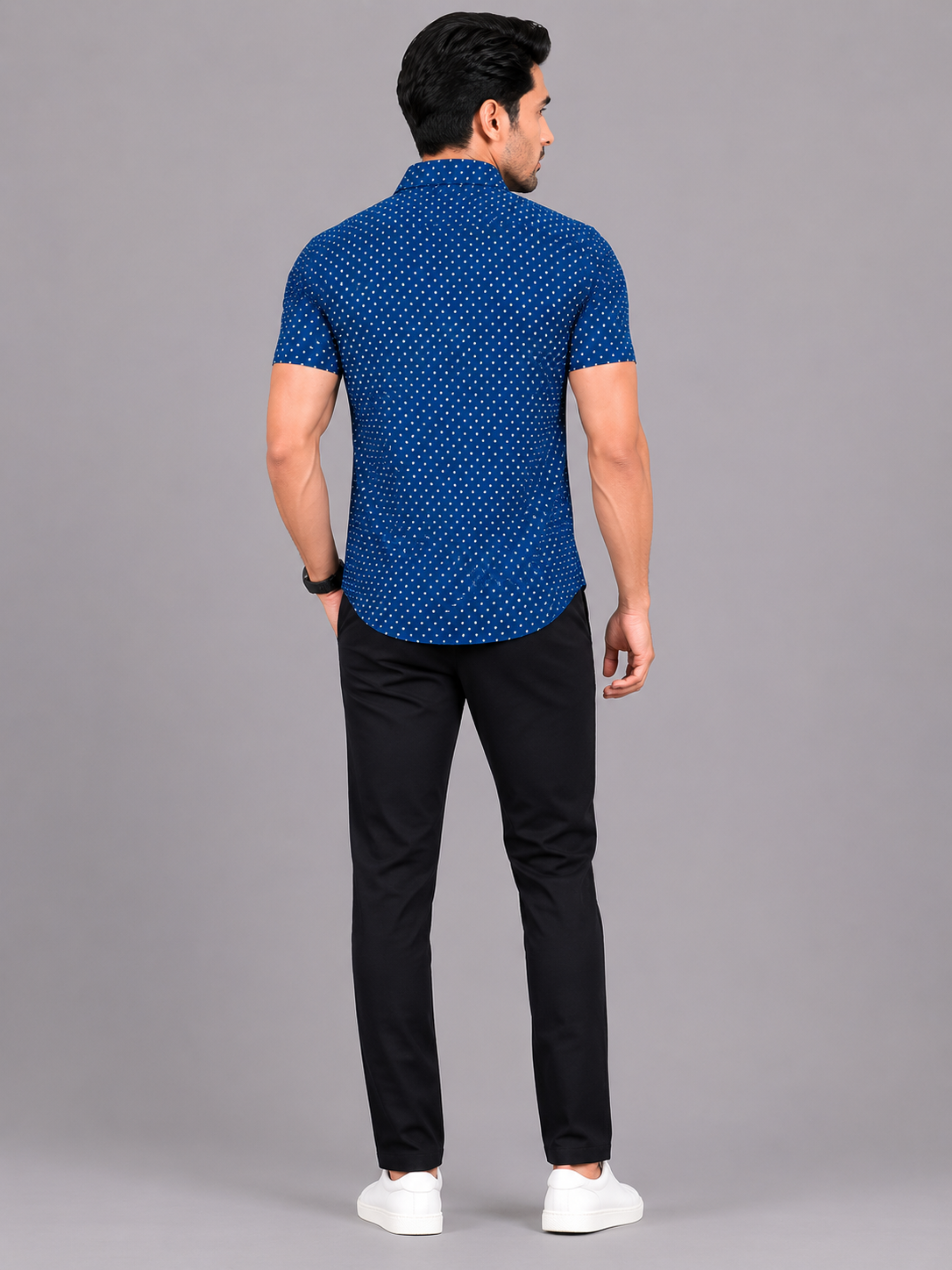 KURAJ Men's Navy Blue Micro Dot Printed Regular Fit Half Sleeve Casual Shirt