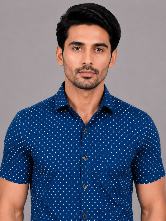 KURAJ Men's Navy Blue Micro Dot Printed Regular Fit Half Sleeve Casual Shirt