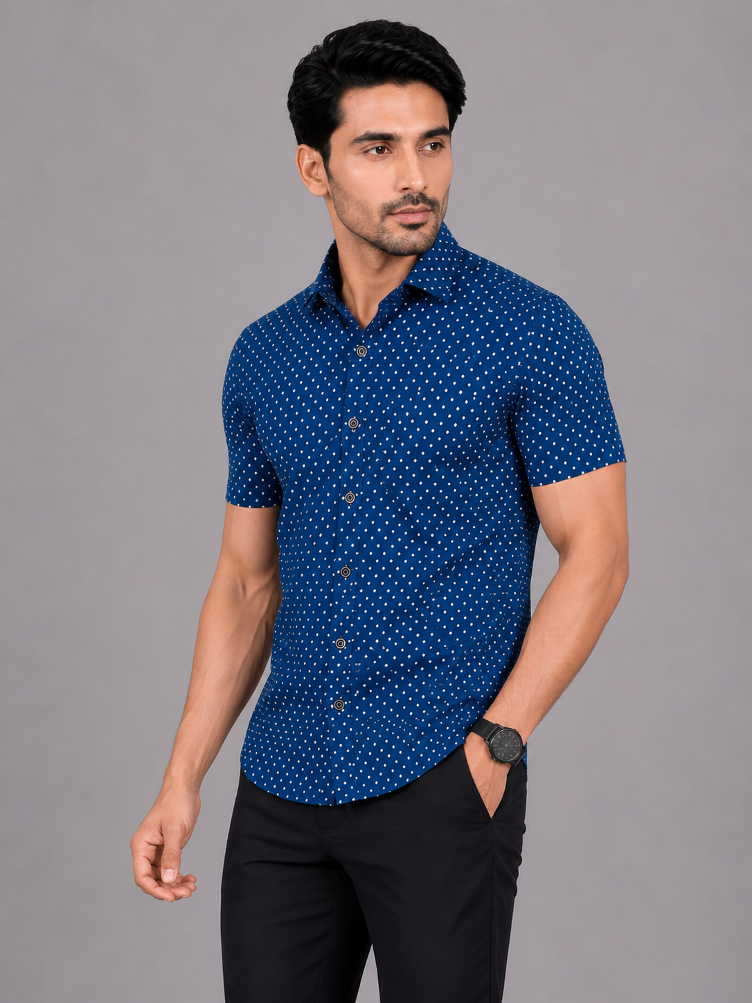 KURAJ Men's Navy Blue Micro Dot Printed Regular Fit Half Sleeve Casual Shirt