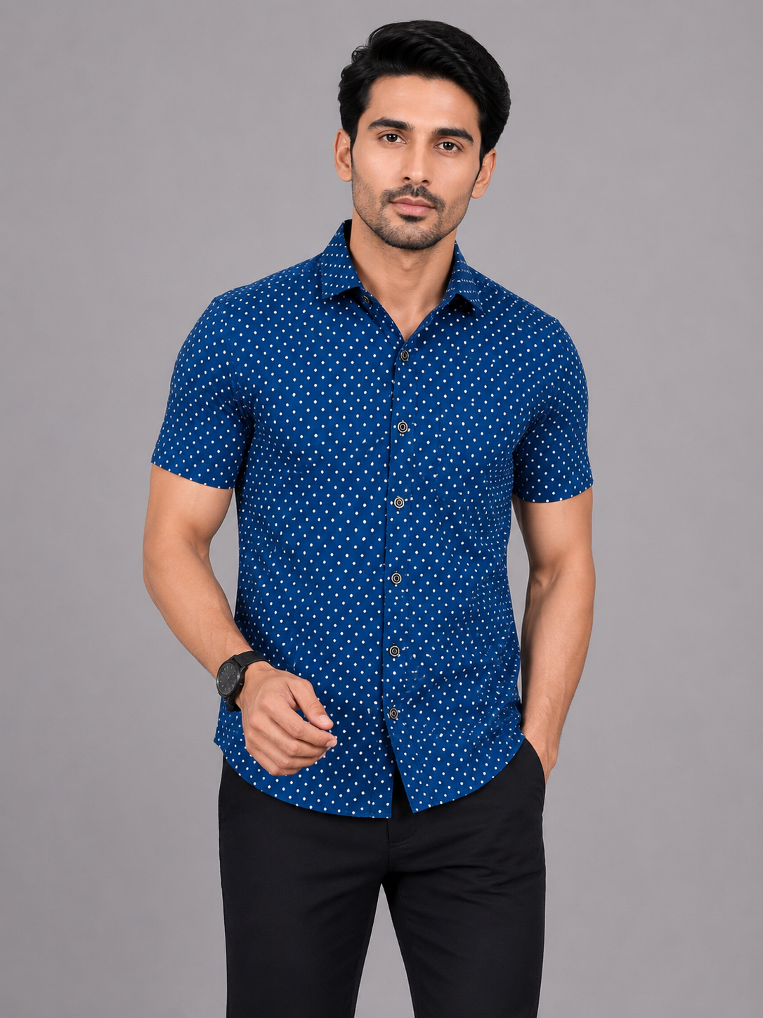 KURAJ Men's Navy Blue Micro Dot Printed Regular Fit Half Sleeve Casual Shirt