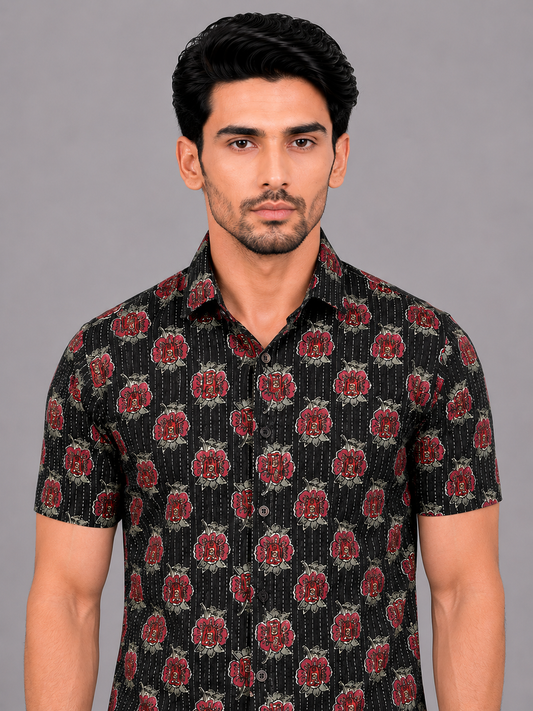 KURAJ Men's Black Floral Printed Regular Fit Half Sleeve Casual Shirt