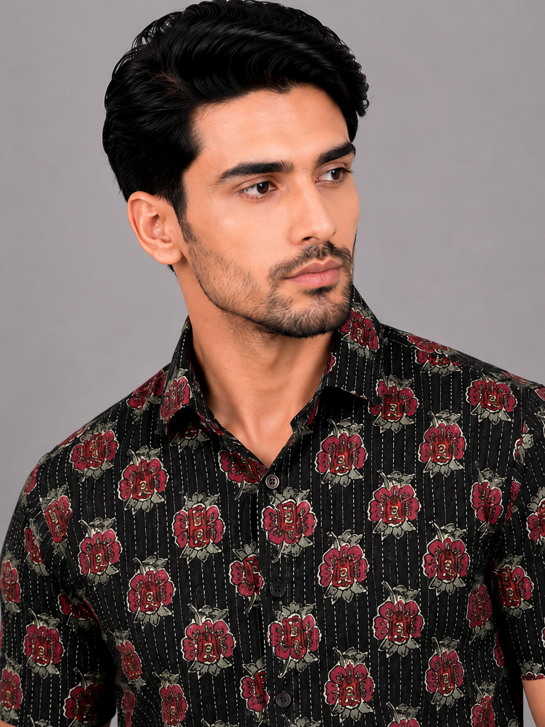KURAJ Men's Black Floral Printed Regular Fit Half Sleeve Casual Shirt