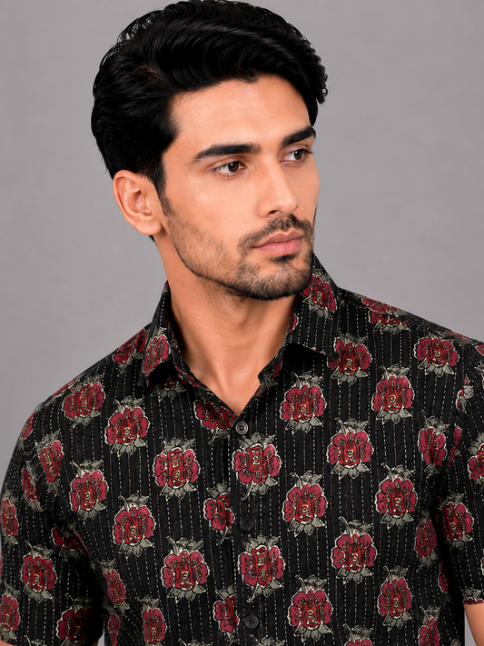 KURAJ Men's Black Floral Printed Regular Fit Half Sleeve Casual Shirt