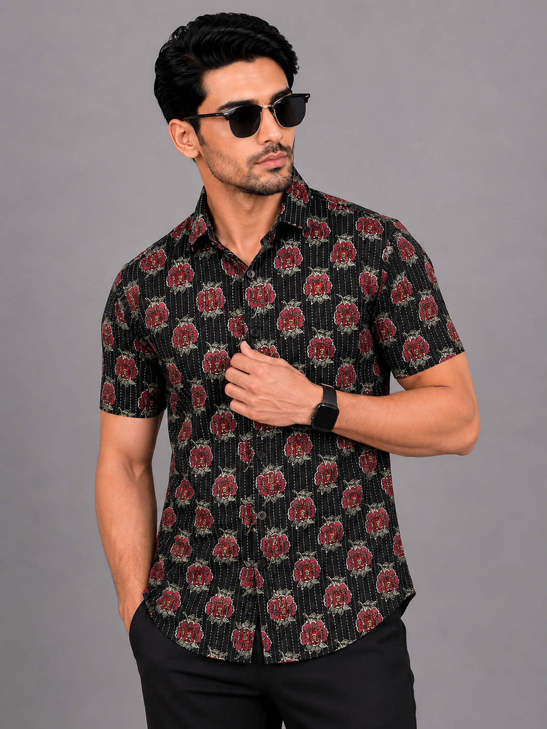 KURAJ Men's Black Floral Printed Regular Fit Half Sleeve Casual Shirt