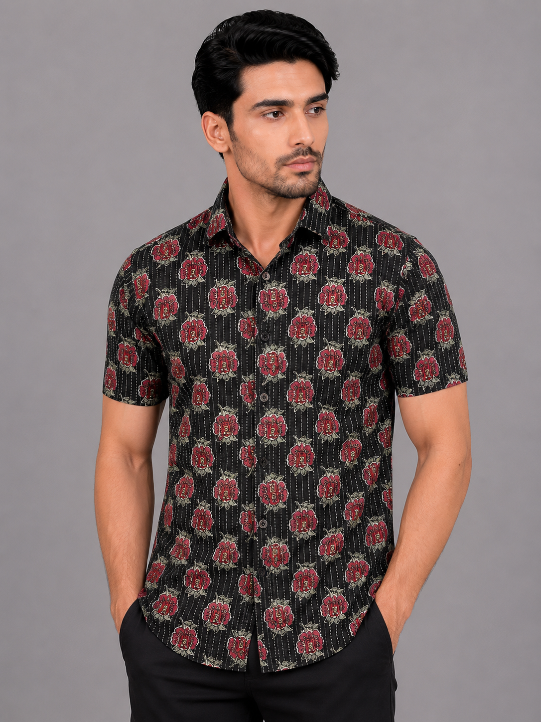 KURAJ Men's Black Floral Printed Regular Fit Half Sleeve Casual Shirt