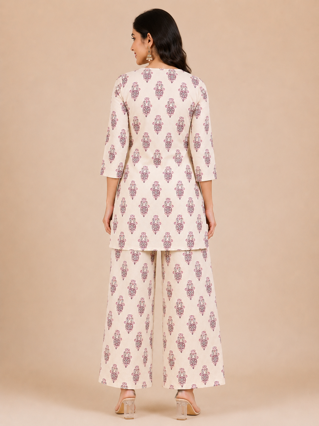 Kuraj Tunic Palazzos Co-ords Set - Beige Printed