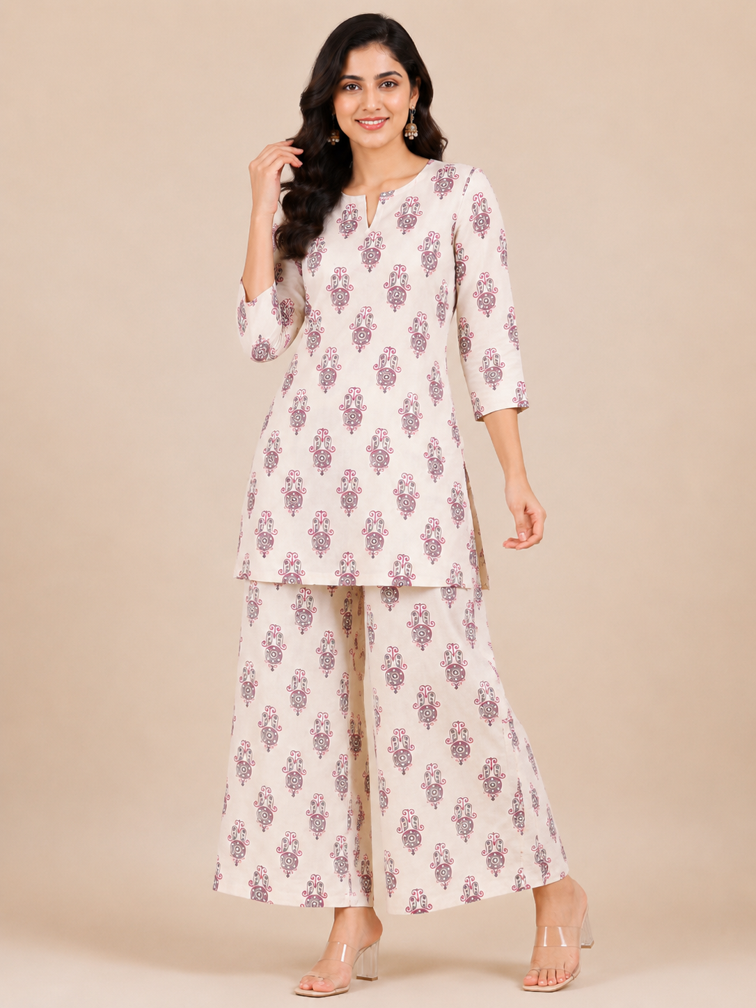 Kuraj Tunic Palazzos Co-ords Set - Beige Printed