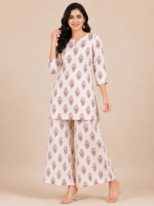 Kuraj Tunic Palazzos Co-ords Set - Beige Printed