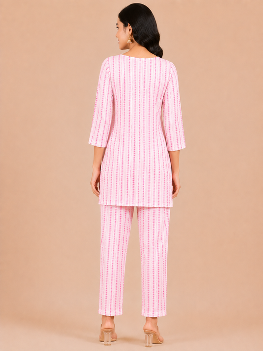 Kuraj Kurta & Straight Pants Co-ords Set - Blush Pink Print