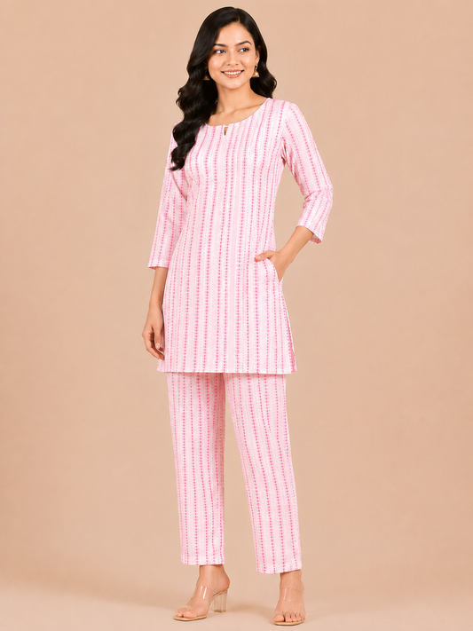 Kuraj Kurta & Straight Pants Co-ords Set - Blush Pink Print
