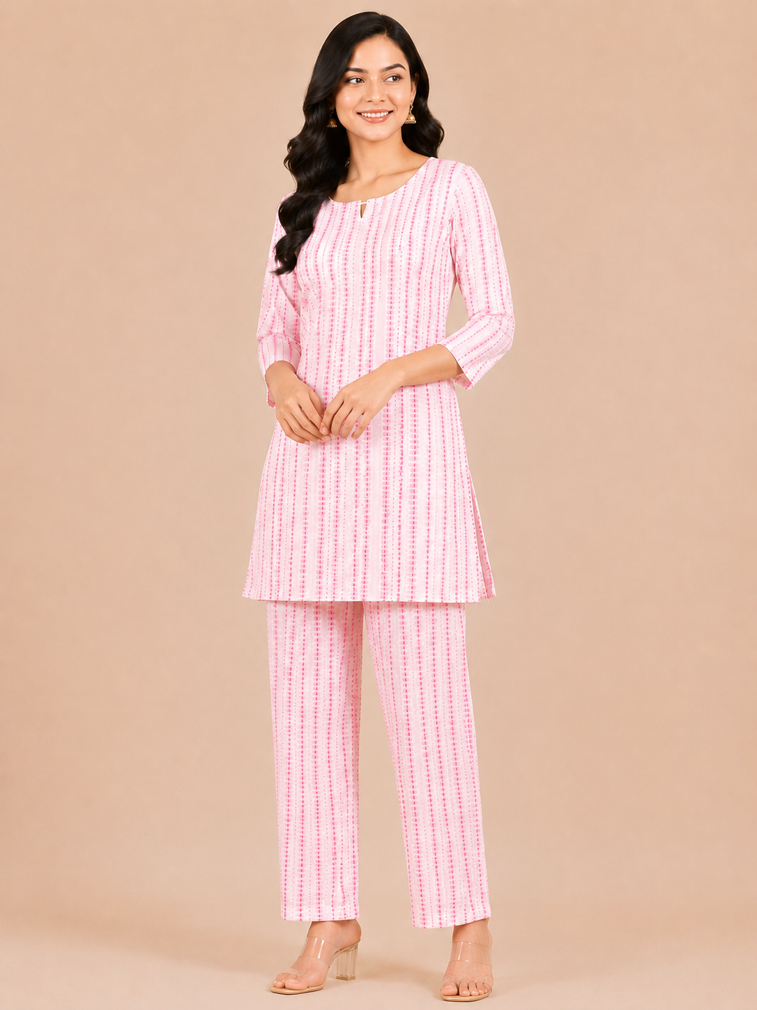 Kuraj Kurta & Straight Pants Co-ords Set - Blush Pink Print