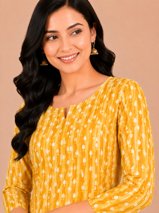 Kuraj Kurta & Straight Pants Co-ords Set - Elegant Mustard Yellow Print