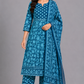 KURAJ Women's Teal Blue Floral Printed Kurta Pant with Dupatta Set