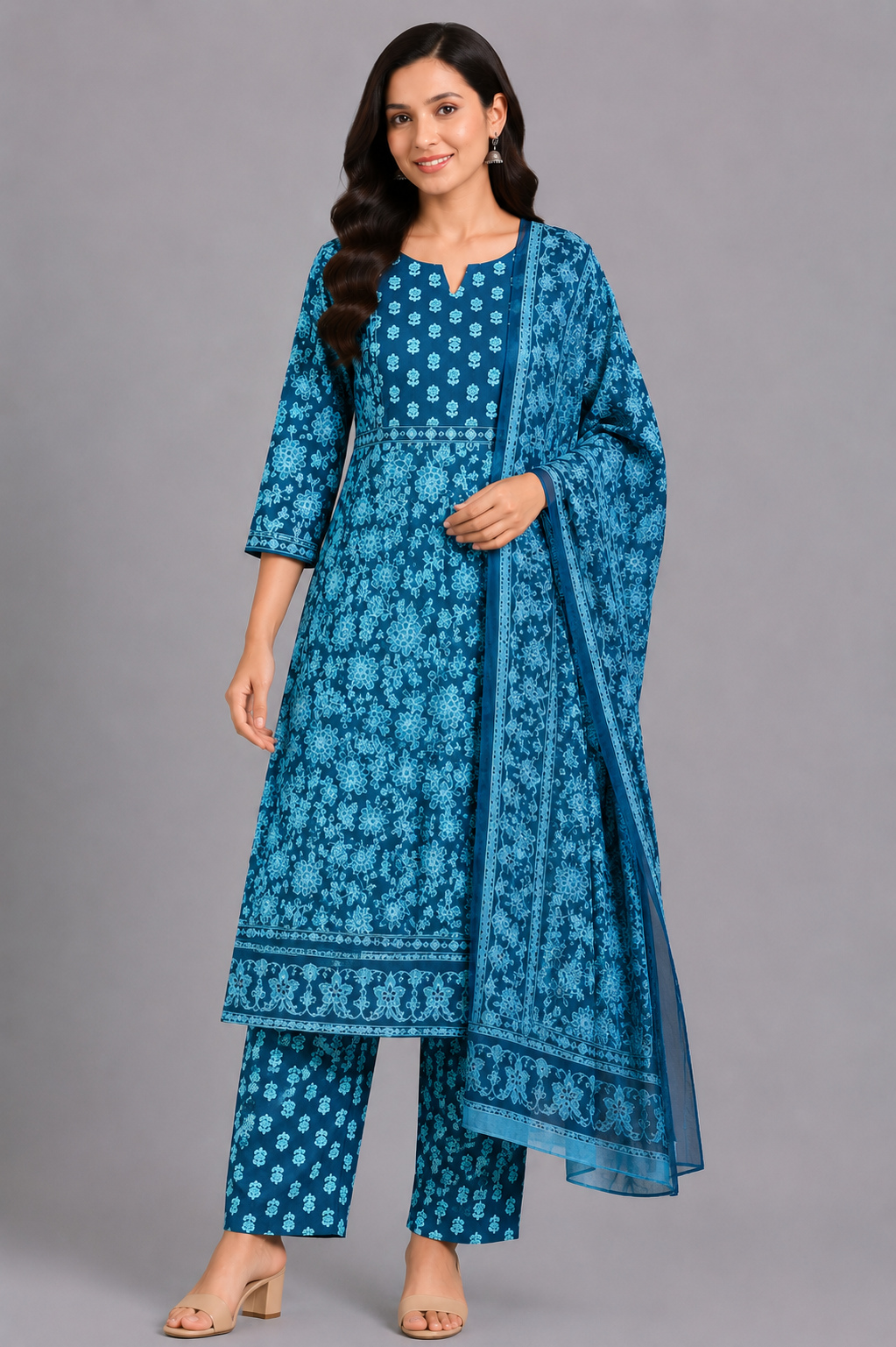 KURAJ Women's Teal Blue Floral Printed Kurta Pant with Dupatta Set