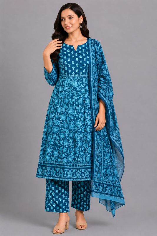 KURAJ Women's Teal Blue Floral Printed Kurta Pant with Dupatta Set