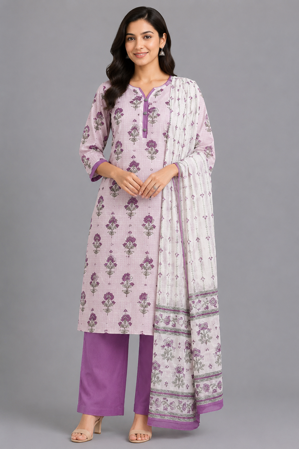 KURAJ Women's Lavender Floral Printed Kurta Pant with Dupatta Set