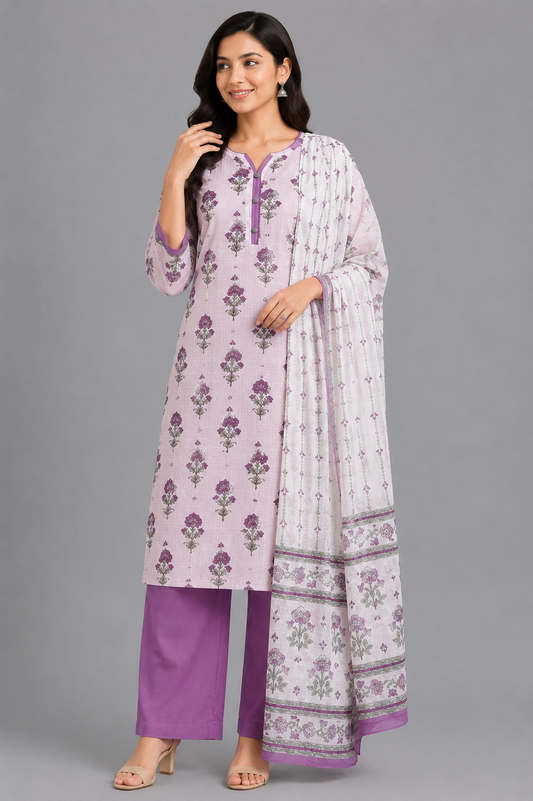 KURAJ Women's Lavender Floral Printed Kurta Pant with Dupatta Set